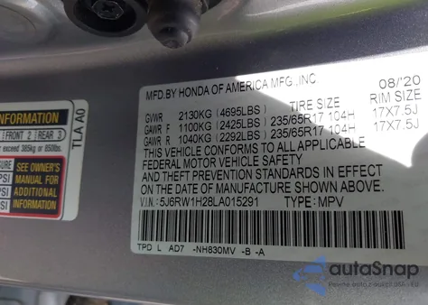 2020 Honda Cr-V 2Wd Lx из США, поврежденный, VIN 5J6RW1H28LA015291